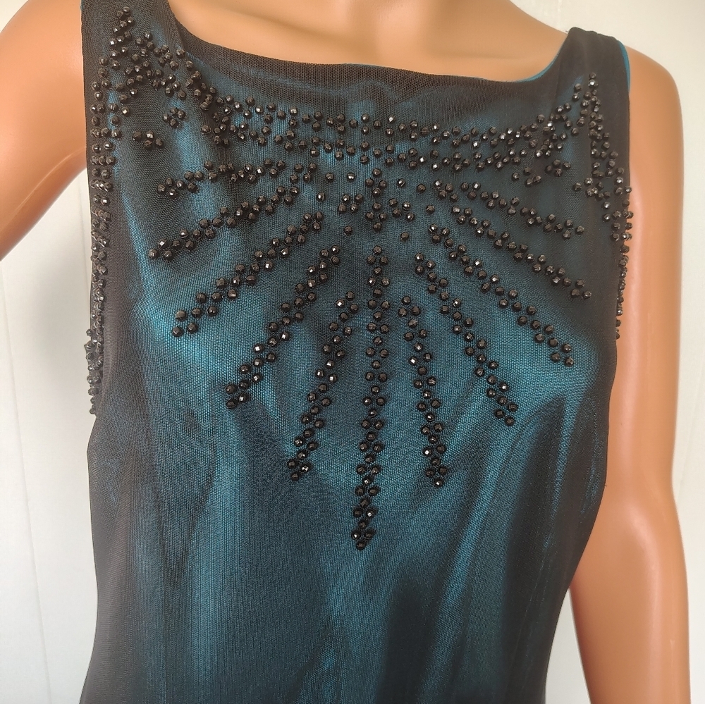 S. L. Fashions Dress; Size 12; Elegant Black and Teal Beaded Dress - Picture 6 of 11